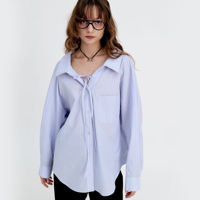 24 Summer_ Blue Stripe String Oversized Shirt [예약]데일리 여성의류