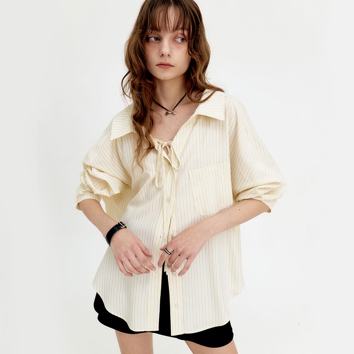 24 Summer_ Yellow Stripe String Oversized Shirt [예약]데일리 여성의류
